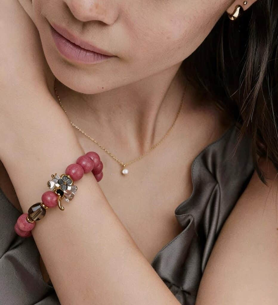 Rose Smoky Quartz & Clear Quartz Flower Bracelet