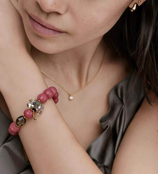 Rose Smoky Quartz & Clear Quartz Flower Bracelet