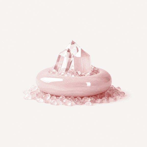Rose quartz crystal tower on pink ring with small crystals around it.