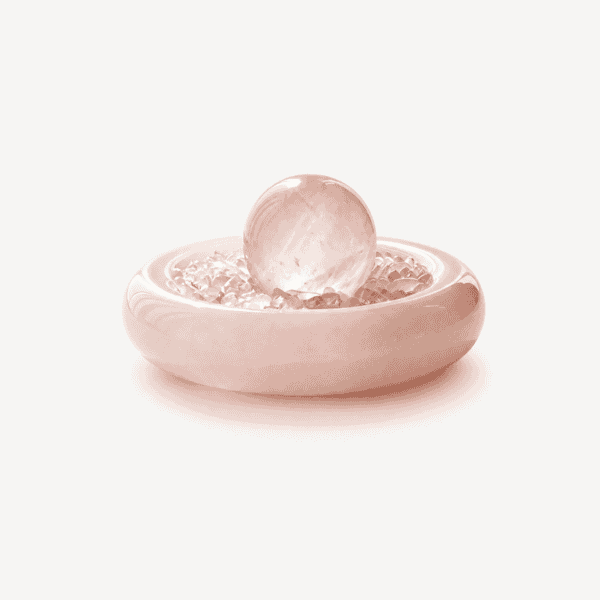 Pink crystal sphere on a rose quartz plate for healing and meditation.