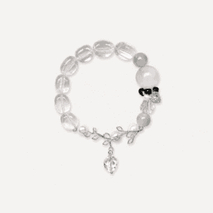 Onna crystal bracelet with silver leaf charm and black accents for elegance.
