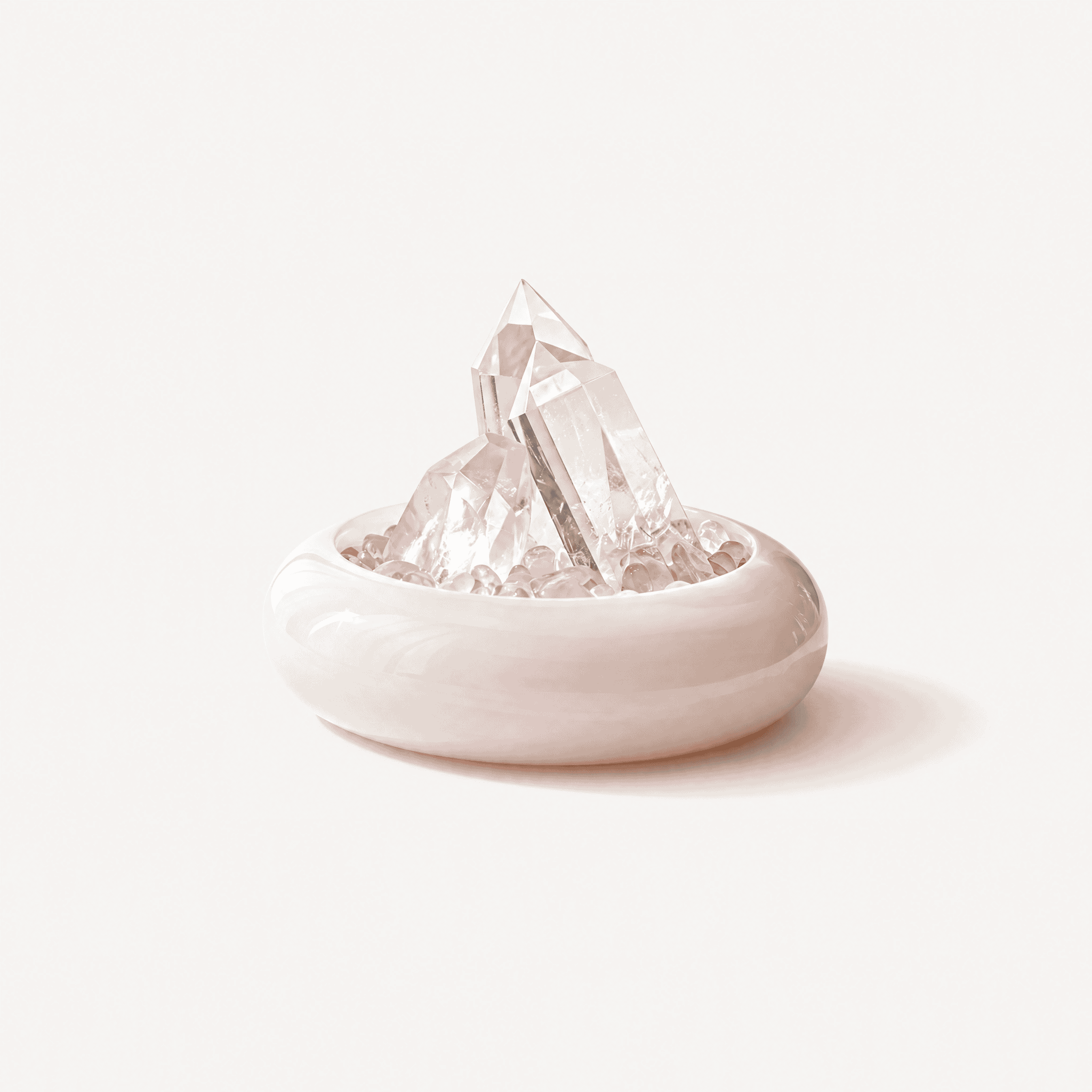 Clear quartz and rose quartz tower on a white dish for spiritual decor.