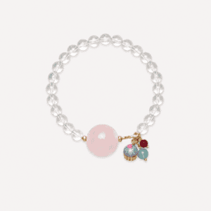 Elegant cupcake charm bracelet with clear quartz and rose quartz beads for jewelry lovers.