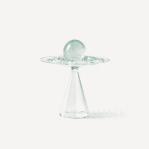 Green fluorite sphere on glass stand for crystal display.