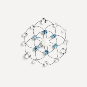 Elegant crystal jewelry display with blue and clear stones for abundance.
