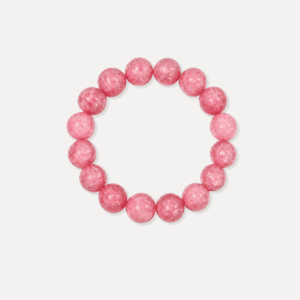 Pink Rhodonite beaded bracelet on white background.