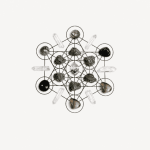 Crystal grid with various stones and clear quartz points for protection and clearing.