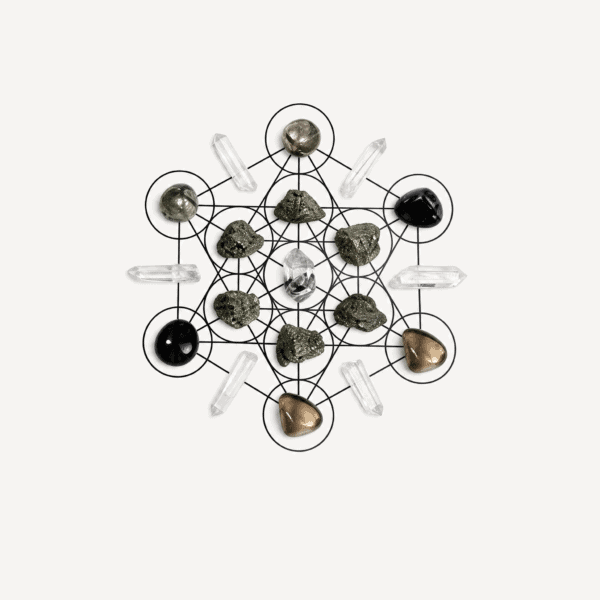 Crystal grid with various stones and clear quartz points for protection and clearing.