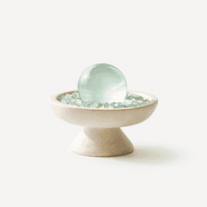 Green fluorite sphere on a white dish with decorative stones.