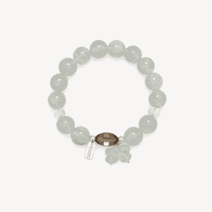 Elegant bracelet with green fluorite and rose quartz beads, charm, and decorative elements.