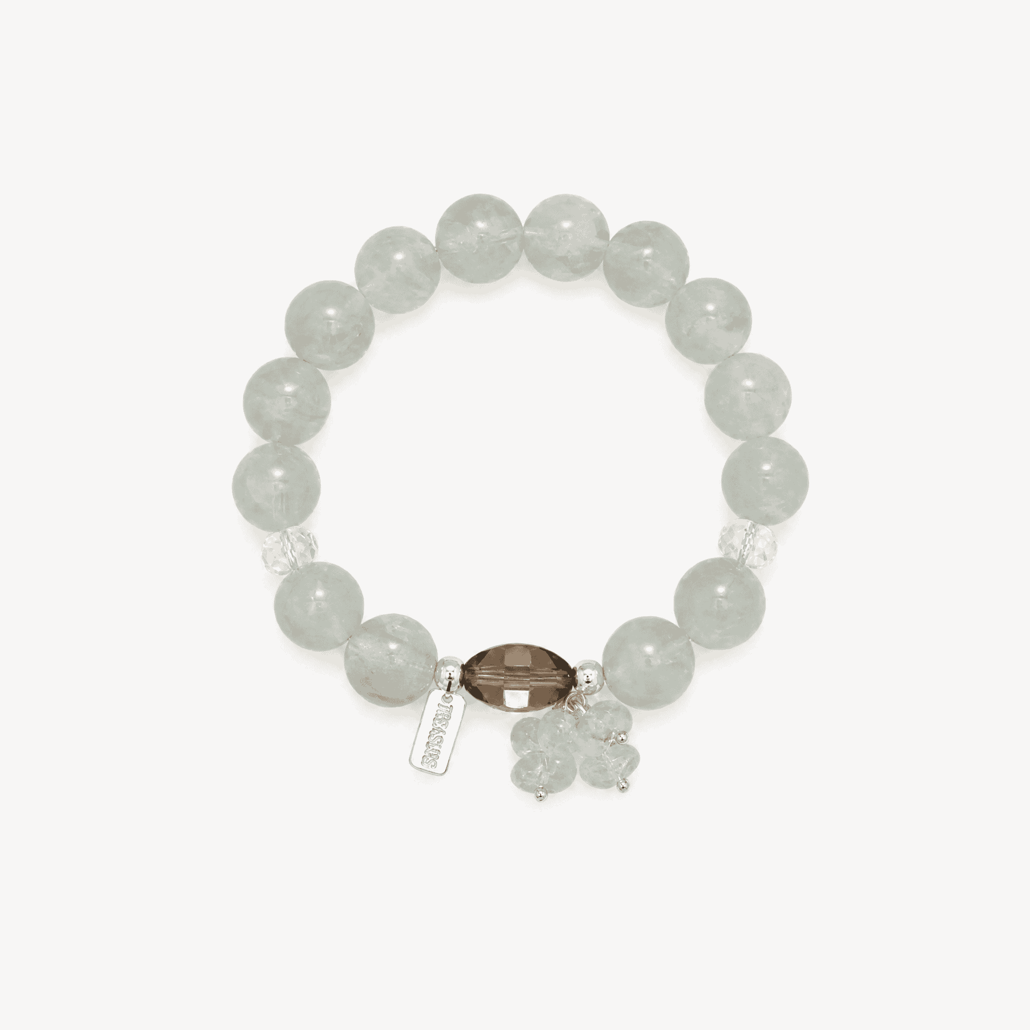 Elegant bracelet with green fluorite and rose quartz beads, charm, and decorative elements.