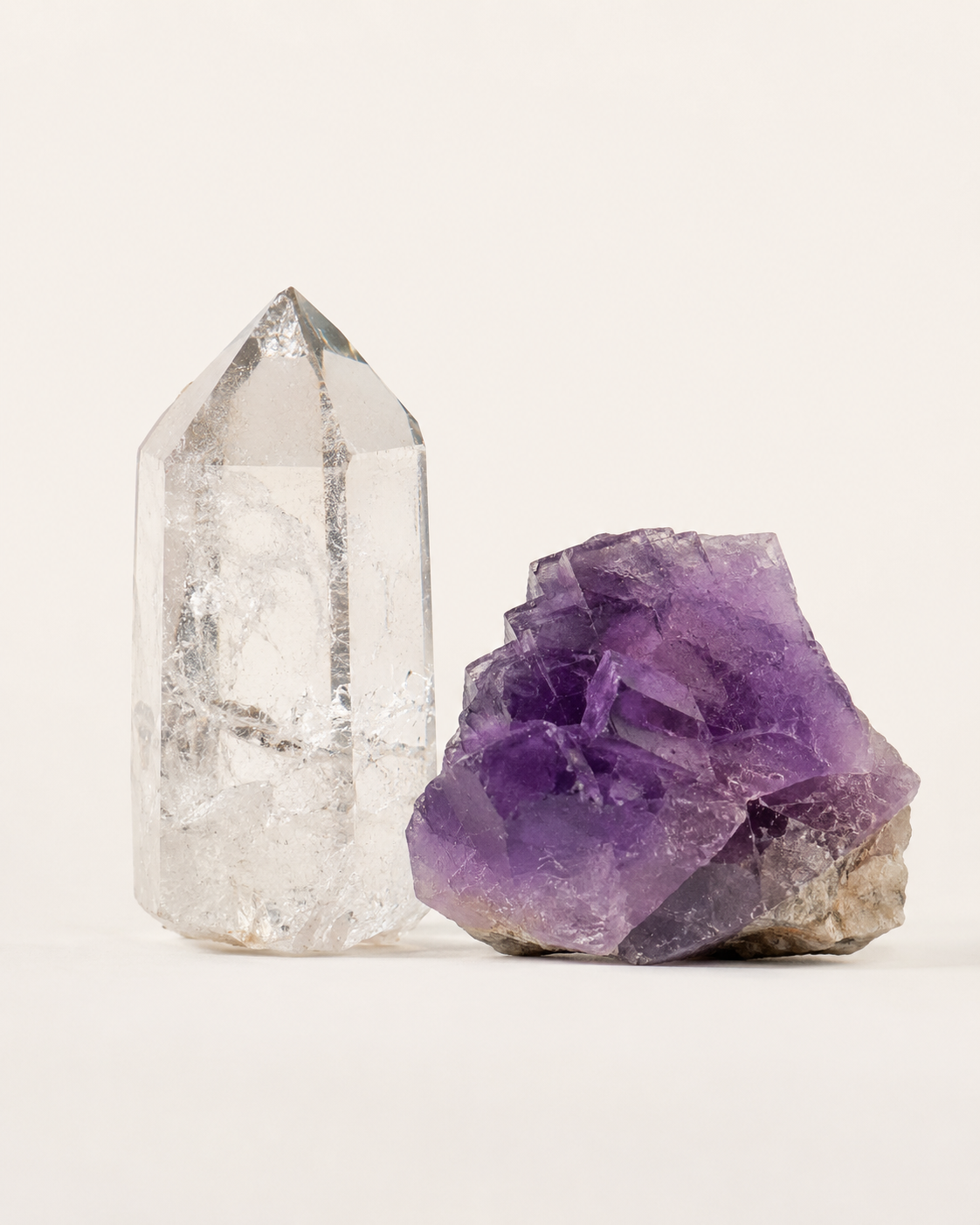 Clear quartz and amethyst crystals for clarity energy