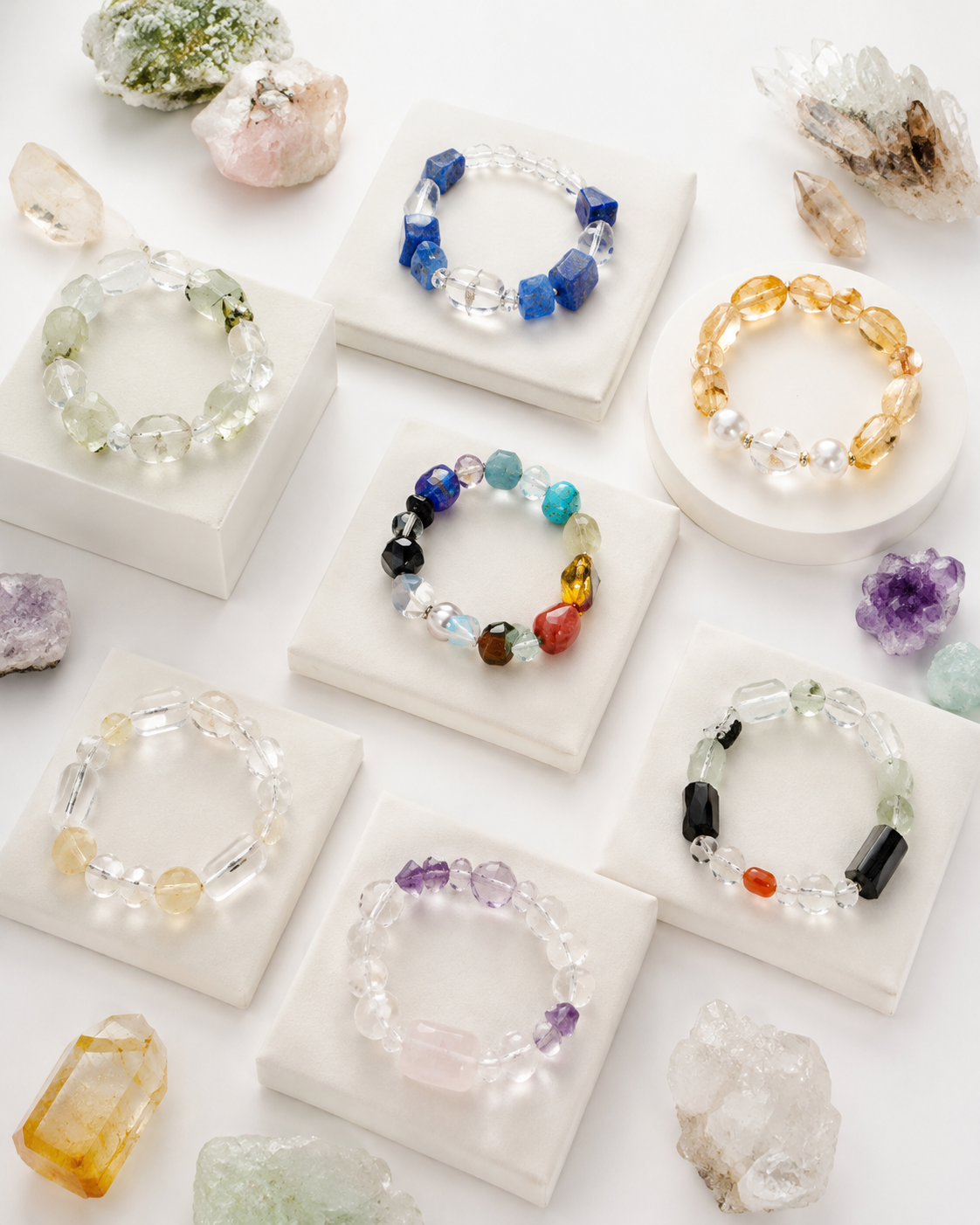 Curated display of stone bracelets