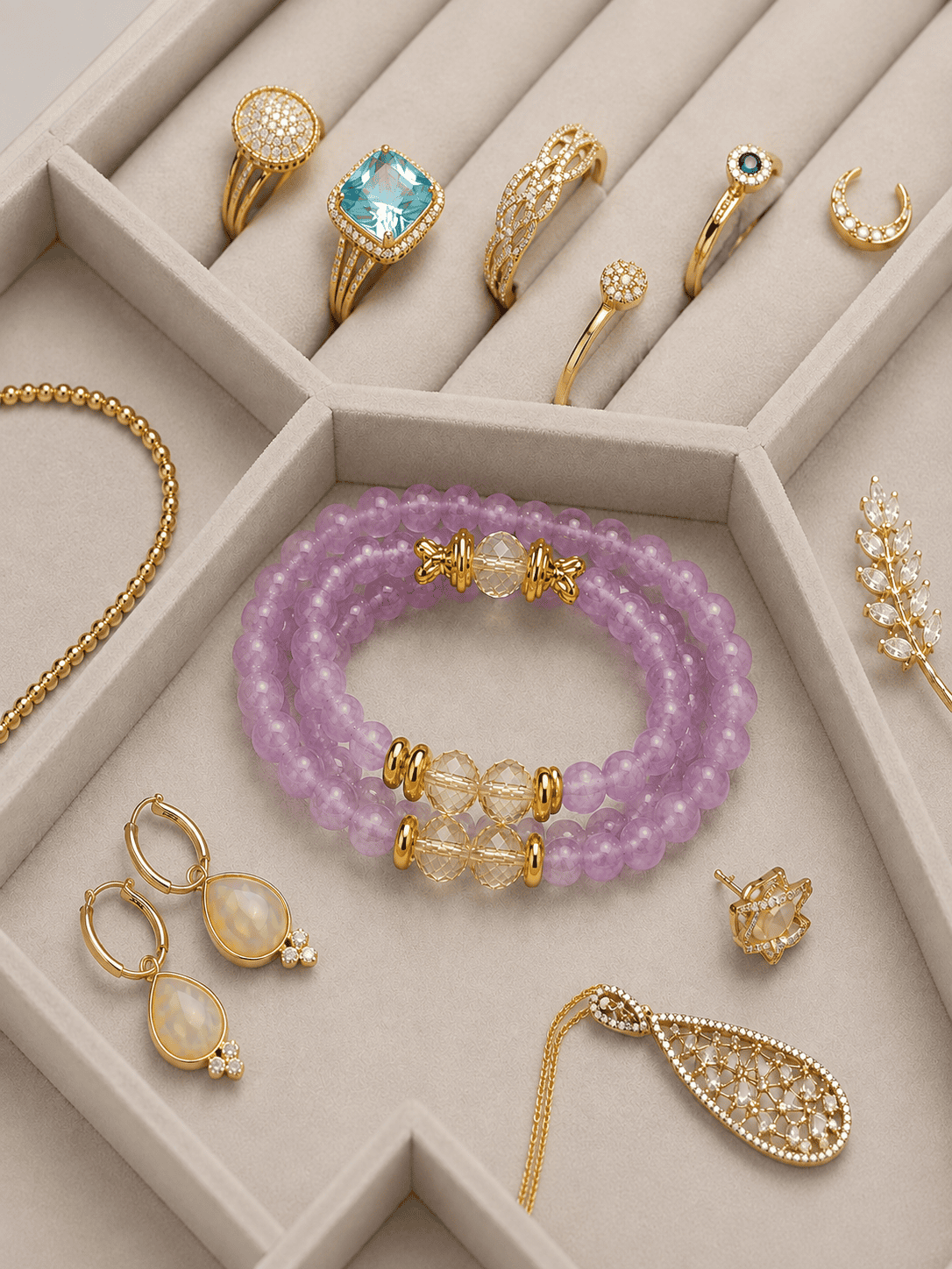 Amethyst bracelet styled in a luxury jewelry setting