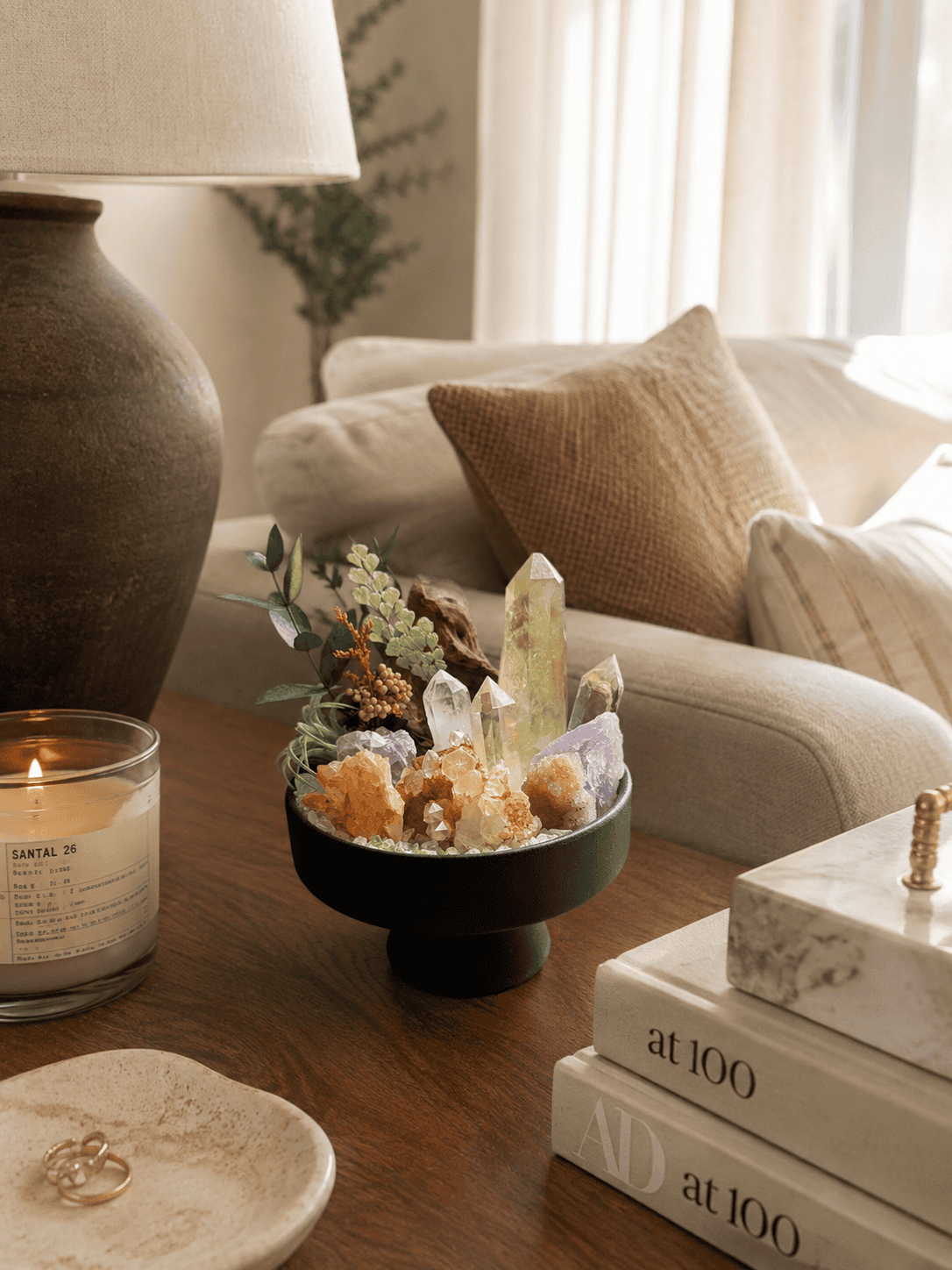 Crystal garden bowl styled in a warm living room