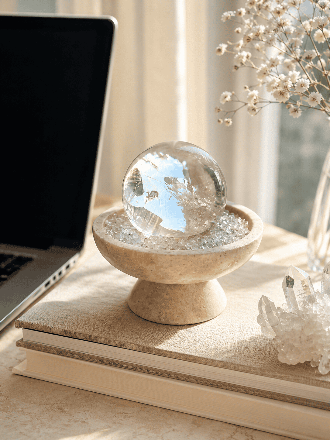 Clear quartz sphere styled on a desk