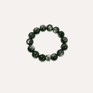 Elegant green lepidolite bracelet with silver accents on a white background.